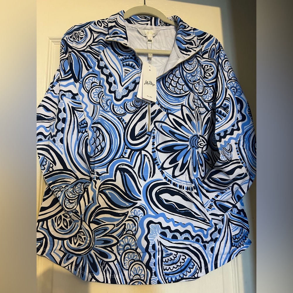 New Lilly Pulitzer UPF 50+ Skipper Popover Resort White Give It a Whirl XL or M